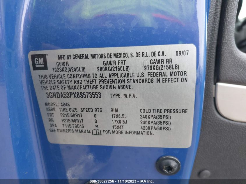 2008 Chevrolet Hhr Lt VIN: 3GNDA53PX8S573553 Lot: 38027256