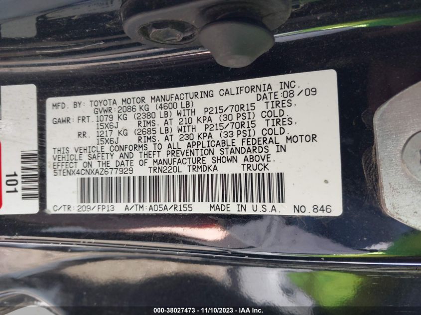 2010 Toyota Tacoma VIN: 5TENX4CNXAZ677929 Lot: 38027473