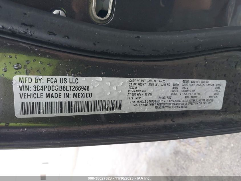 2020 Dodge Journey Crossroad VIN: 3C4PDCGB6LT266948 Lot: 38027628