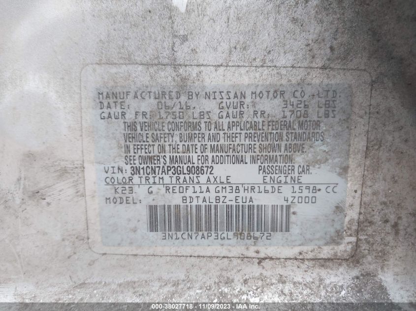 2016 Nissan Versa 1.6 Sv VIN: 3N1CN7AP3GL908672 Lot: 38027718