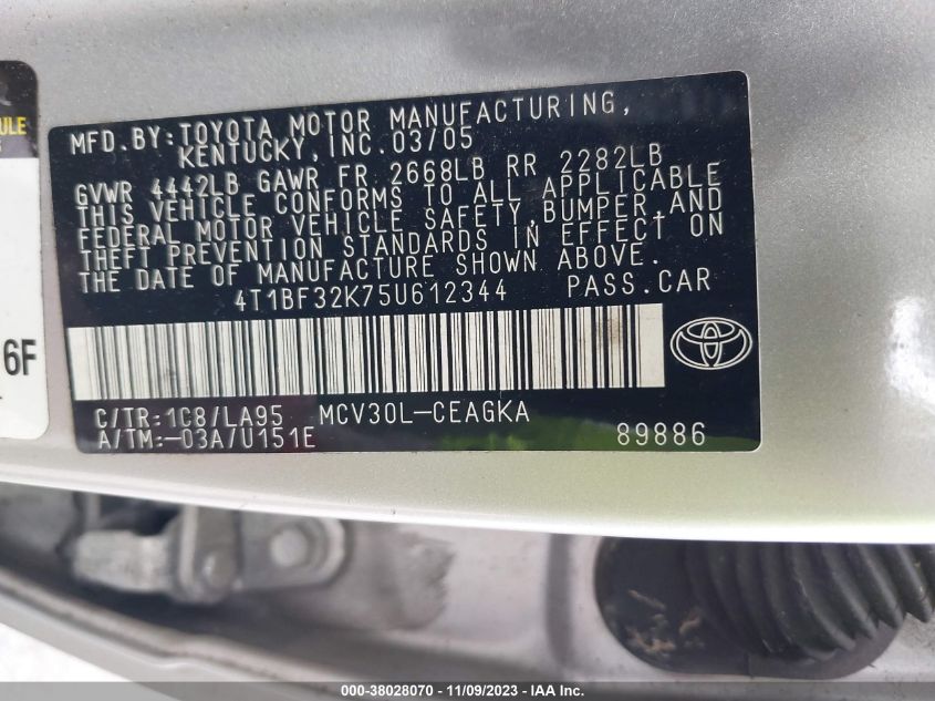 4T1BF32K75U612344 2005 Toyota Camry Xle V6