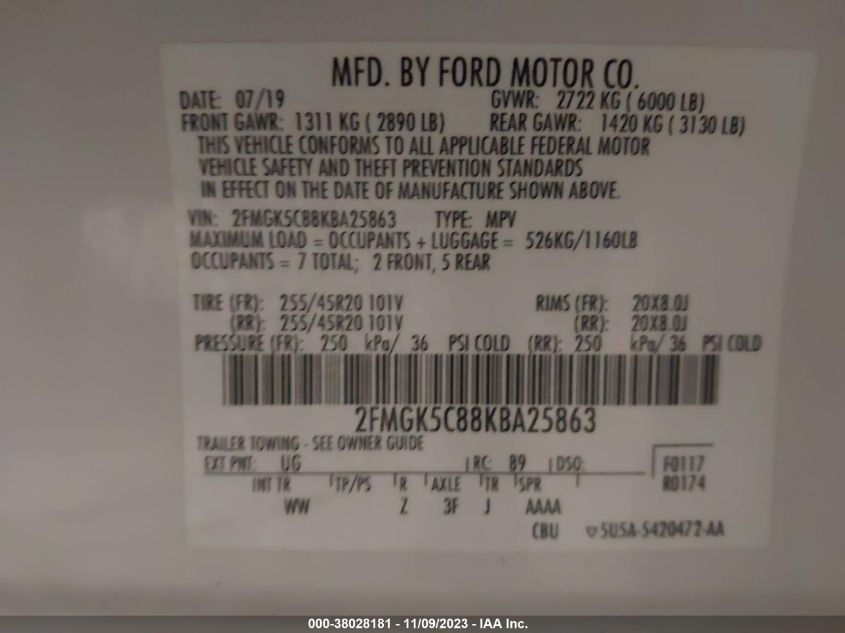 2FMGK5C88KBA25863 2019 Ford Flex Sel