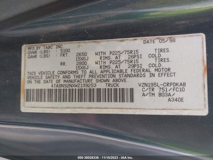 1998 Toyota Tacoma Prerunner V6 VIN: 4TASN92NXWZ139253 Lot: 38028338