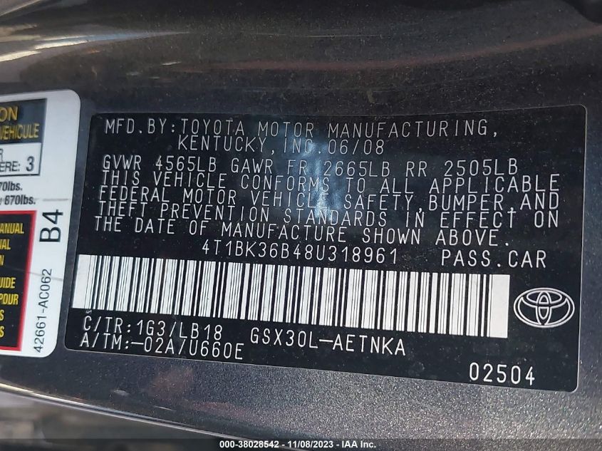 4T1BK36B48U318961 2008 Toyota Avalon Touring