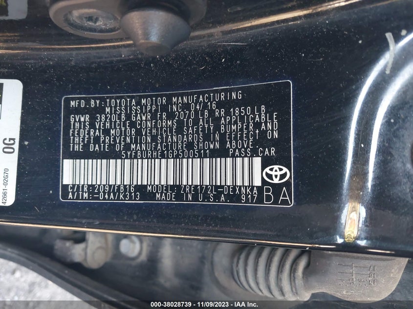 2016 Toyota Corolla L/Le/S/S Plus/Le Plus VIN: 5YFBURHE1GP500511 Lot: 38028739