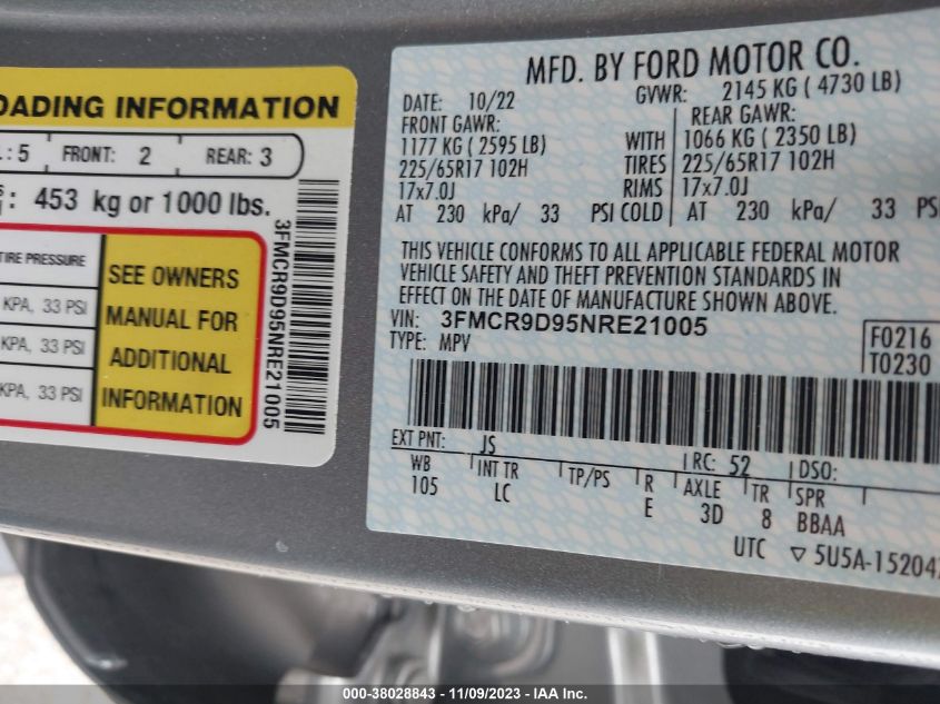 2022 Ford Bronco Sport Badlands VIN: 3FMCR9D95NRE21005 Lot: 38028843