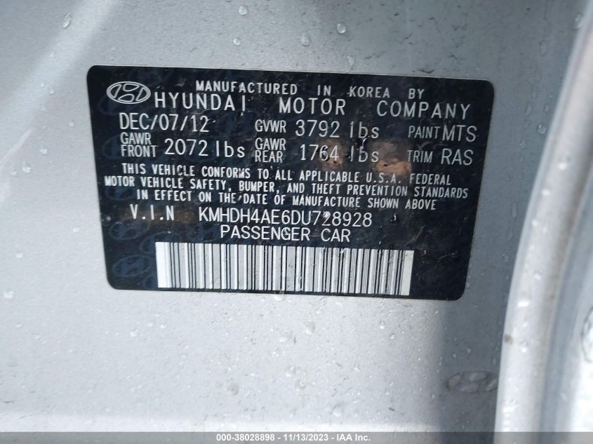 KMHDH4AE6DU728928 2013 Hyundai Elantra Gls (Ulsan Plant)