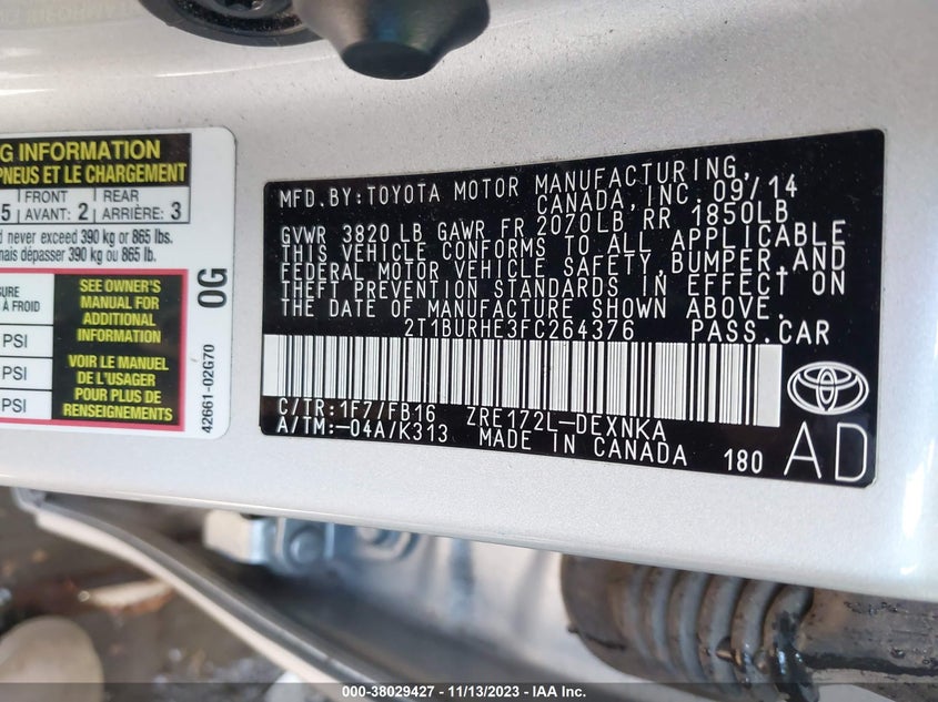 2015 Toyota Corolla Le Plus VIN: 2T1BURHE3FC264376 Lot: 38029427