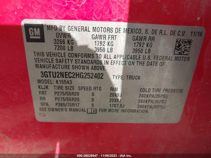 3GTU2NEC2HG252402 2017 GMC Sierra 1500 Slt