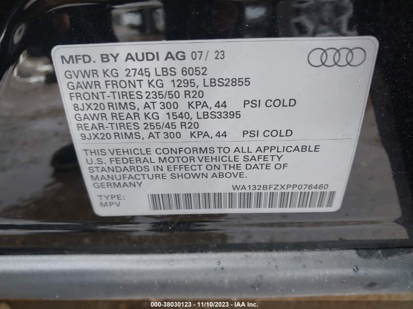 WA132BFZXPP076460 2023 Audi Q4 Sportback E-Tron Premium Plus 50 Quattro