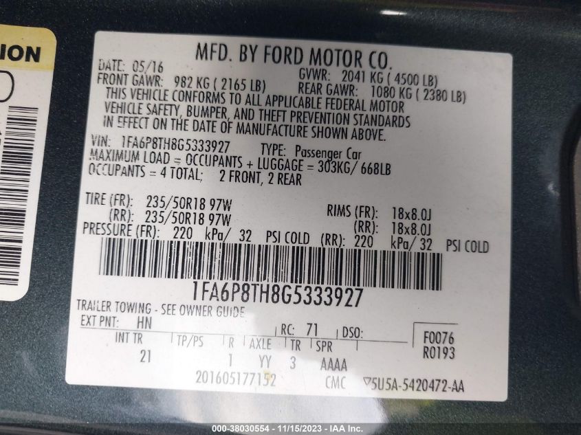 2016 Ford Mustang Ecoboost VIN: 1FA6P8TH8G5333927 Lot: 38030554