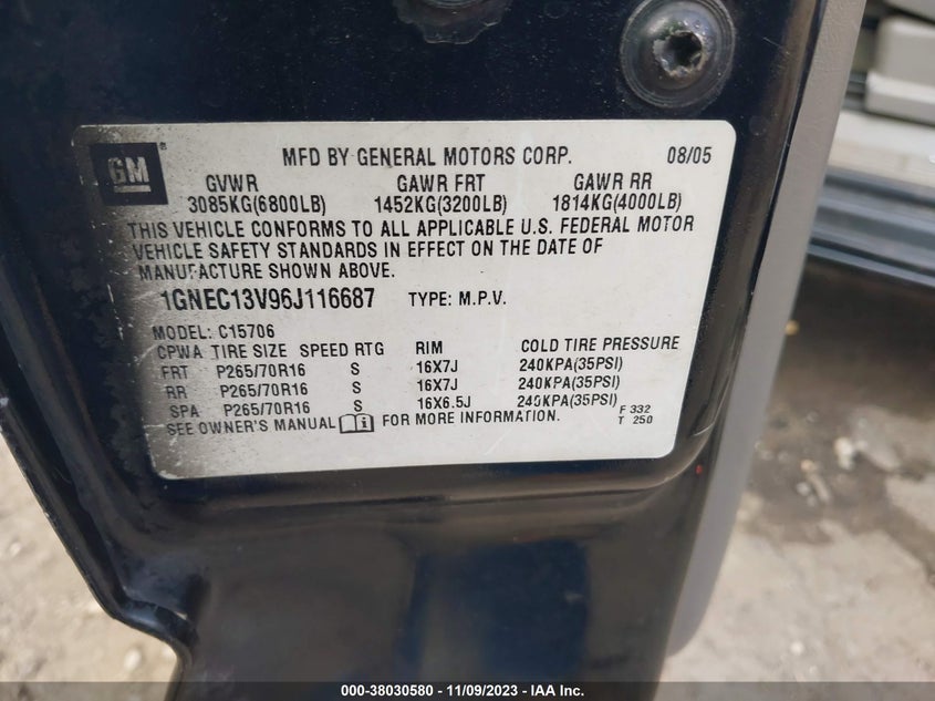 2006 Chevrolet Tahoe Ls VIN: 1GNEC13V96J116687 Lot: 38030580
