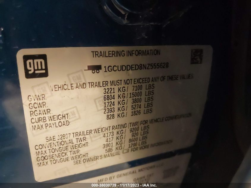 2022 Chevrolet Silverado 1500 4Wd Standard Bed Lt VIN: 1GCUDDED8NZ555628 Lot: 38030739