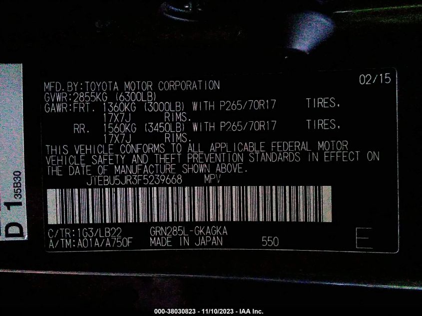 2015 Toyota 4Runner Sr5 Premium VIN: JTEBU5JR3F5239668 Lot: 38030823