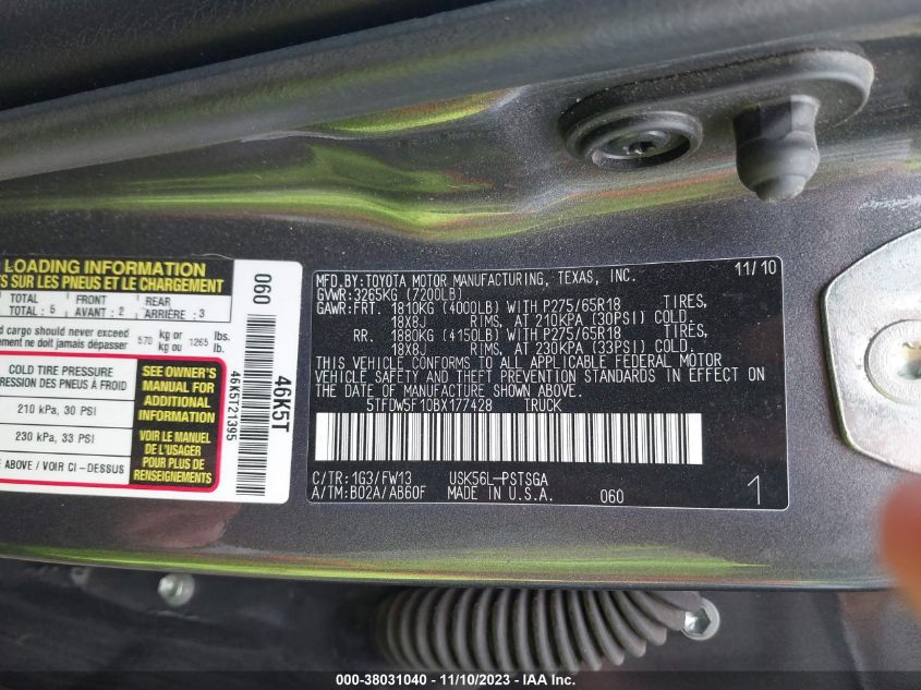 2011 Toyota Tundra Grade 5.7L V8 VIN: 5TFDW5F10BX177428 Lot: 38031040