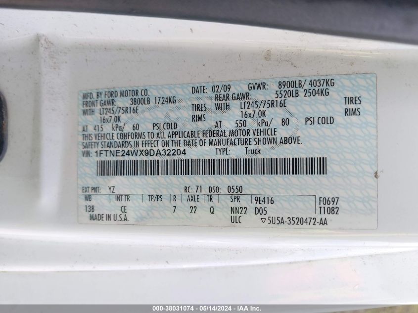 2009 Ford E-250 Commercial/Recreational VIN: 1FTNE24WX9DA32204 Lot: 38031074