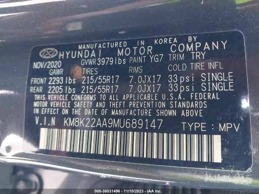 2021 Hyundai Kona Sel VIN: KM8K22AA9MU689147 Lot: 38031496