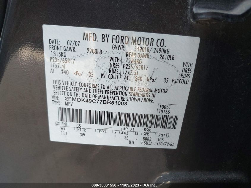 2FMDK49C77BB51003 2007 Ford Edge Sel Plus