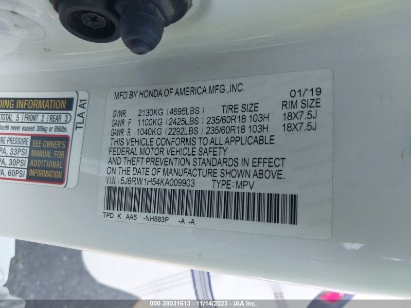2019 Honda Cr-V Ex VIN: 5J6RW1H54KA009903 Lot: 38031613