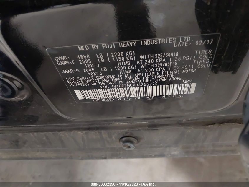 2017 Subaru Outback 3.6R Limited VIN: 4S4BSENCXH3355279 Lot: 38032390