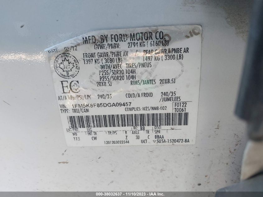 2013 Ford Explorer Limited VIN: 1FM5K8F85DGA09457 Lot: 38032637