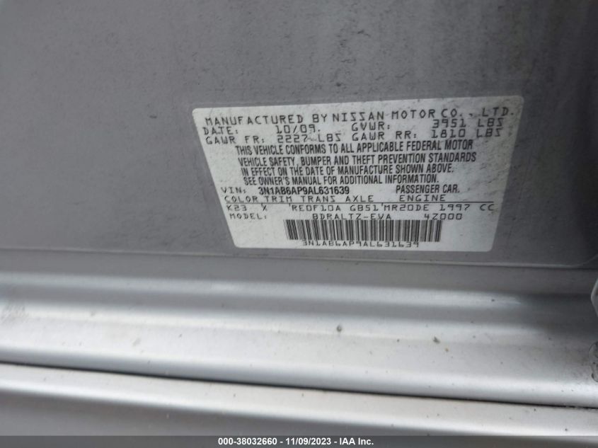 2010 Nissan Sentra 2.0Sr VIN: 3N1AB6AP9AL631639 Lot: 38032660