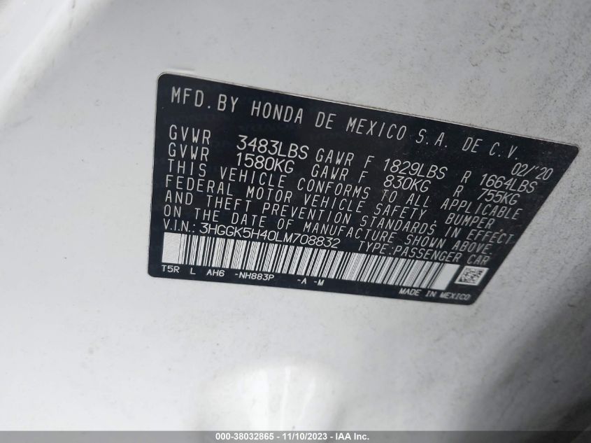 2020 Honda Fit Lx VIN: 3HGGK5H40LM708832 Lot: 38032865