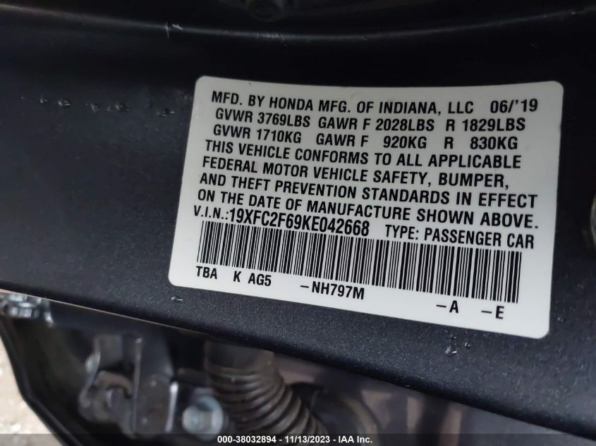 2019 Honda Civic Lx VIN: 19XFC2F69KE042668 Lot: 38032894