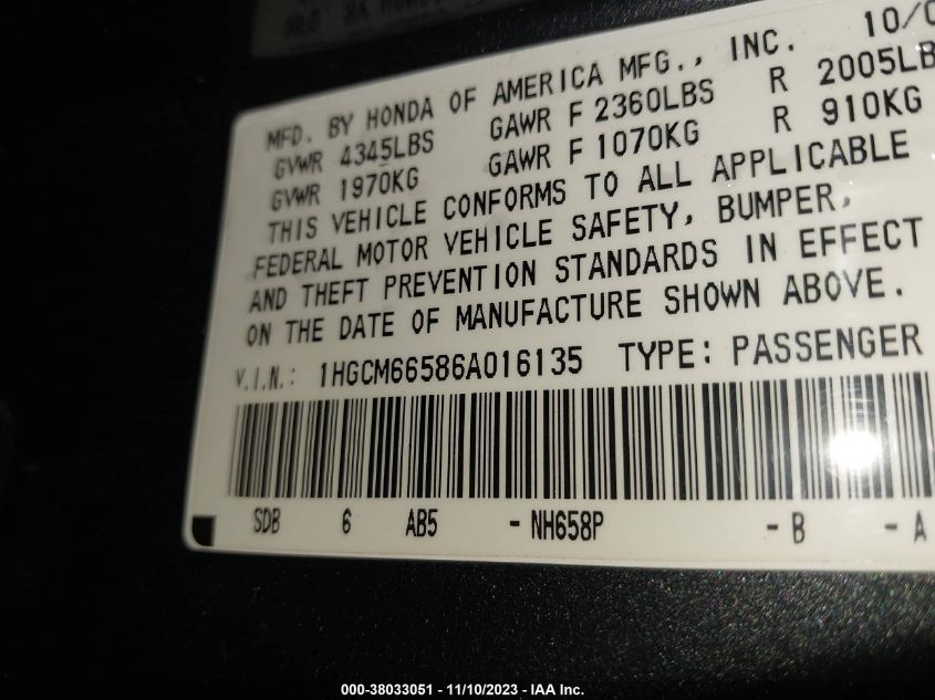 2006 Honda Accord 3.0 Ex VIN: 1HGCM66586A016135 Lot: 38033051