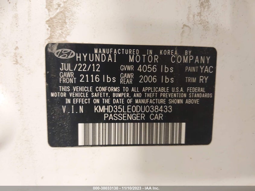 2013 Hyundai Elantra Gt VIN: KMHD35LE0DU038433 Lot: 38033130