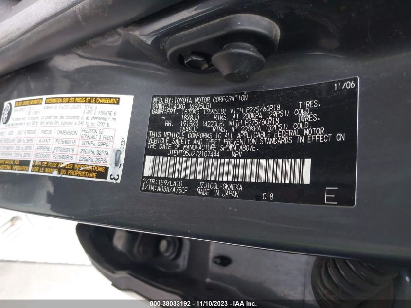 2007 Toyota Land Cruiser V8 VIN: JTEHT05J272107444 Lot: 38033192