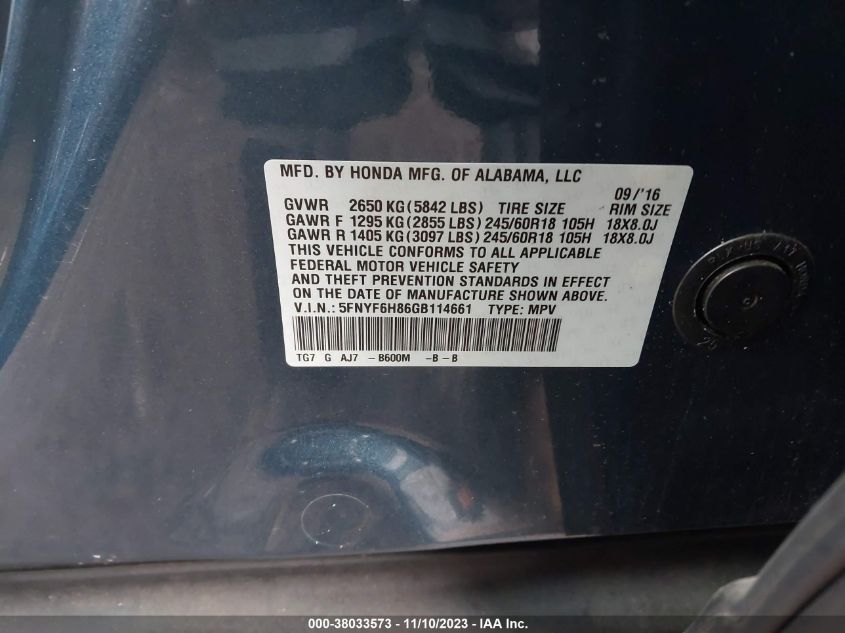 2016 Honda Pilot Ex-L VIN: 5FNYF6H86GB114661 Lot: 38033573