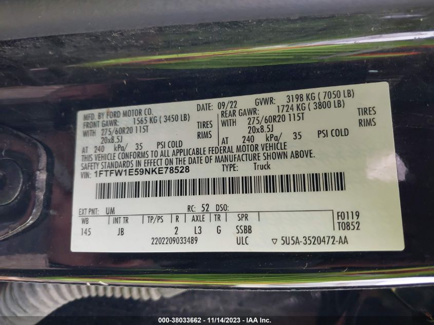 2022 Ford F-150 Xl VIN: 1FTFW1E59NKE78528 Lot: 38033662