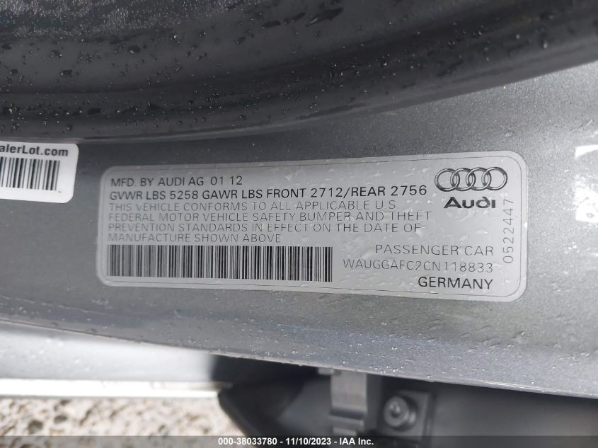 2012 Audi A6 3.0 Premium VIN: WAUGGAFC2CN118833 Lot: 38033780