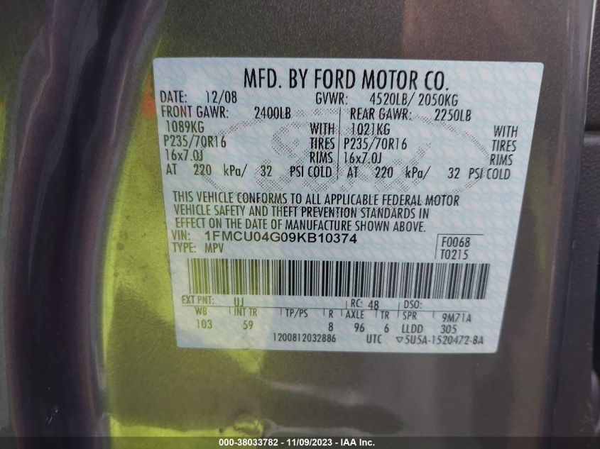 1FMCU04G09KB10374 2009 Ford Escape Limited