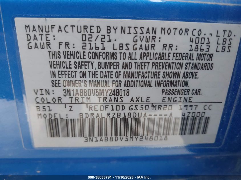 2021 Nissan Sentra Sr Xtronic Cvt VIN: 3N1AB8DV5MY248018 Lot: 38033791