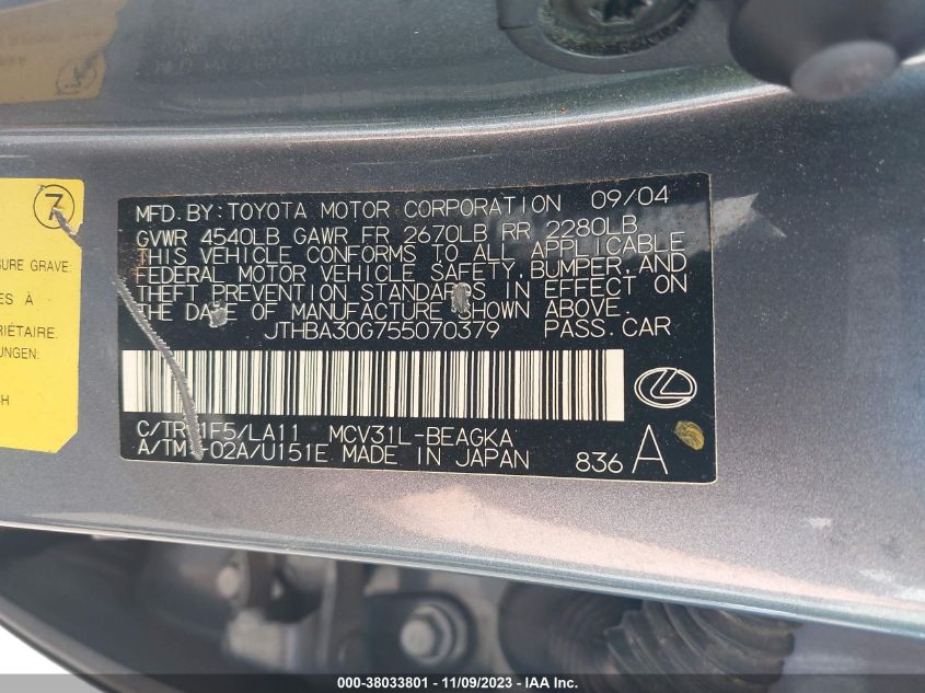 2005 Lexus Es 330 VIN: JTHBA30G755070379 Lot: 38033801