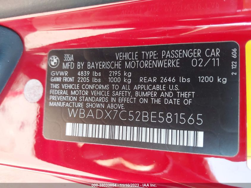 2011 BMW 3 Series 335I VIN: WBADX7C52BE581565 Lot: 38033854