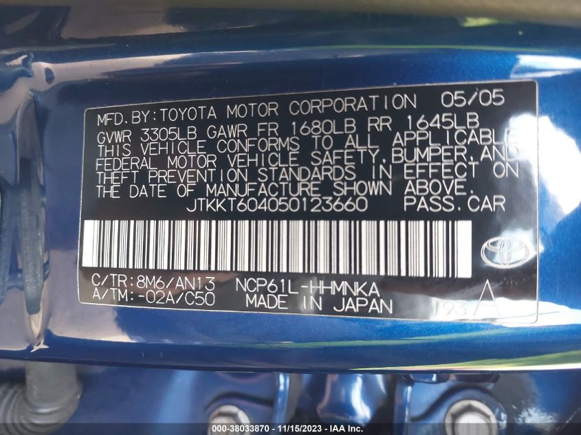 2005 Scion Xa VIN: JTKKT604050123660 Lot: 38033870