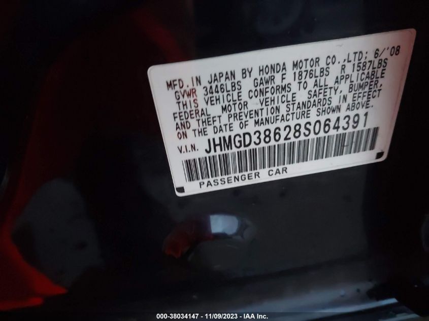 2008 Honda Fit Sport VIN: JHMGD38628S064391 Lot: 38034147