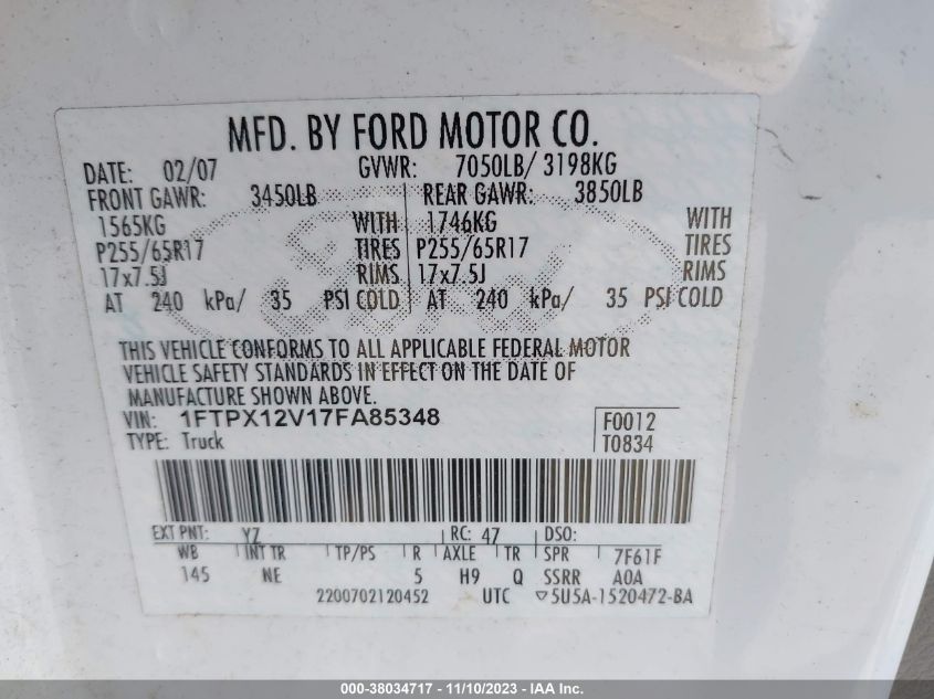 2007 Ford F-150 Xl/Stx/Xlt/Lariat/Fx2 VIN: 1FTPX12V17FA85348 Lot: 38034717