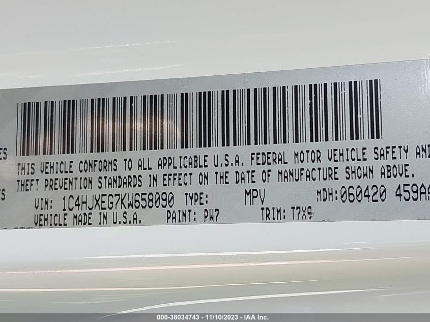 2019 Jeep Wrangler Unlimited Sahara VIN: 1C4HJXEG7KW658090 Lot: 38034743