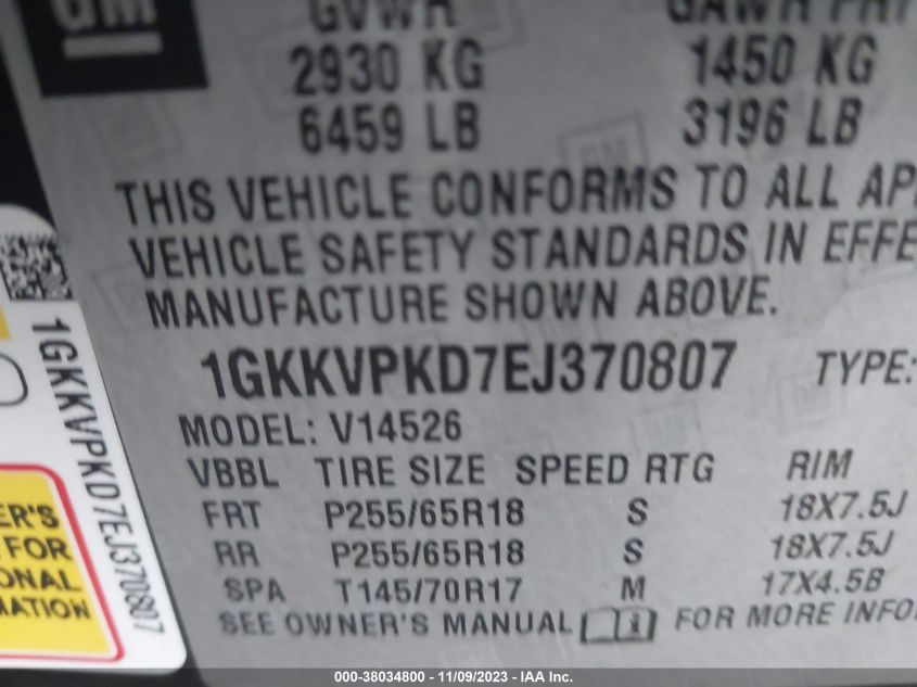 1GKKVPKD7EJ370807 2014 GMC Acadia Sle-2