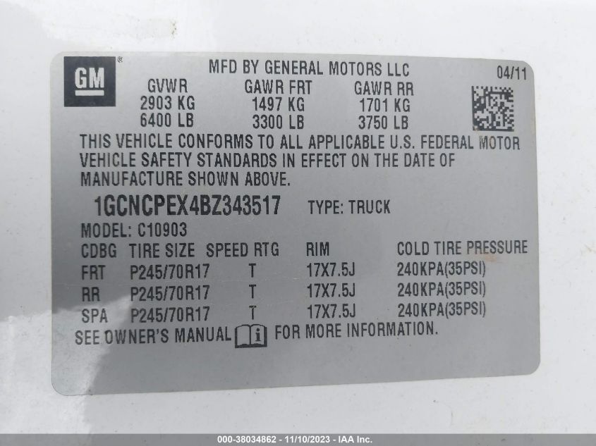 2011 Chevrolet Silverado 1500 Work Truck VIN: 1GCNCPEX4BZ343517 Lot: 38034862