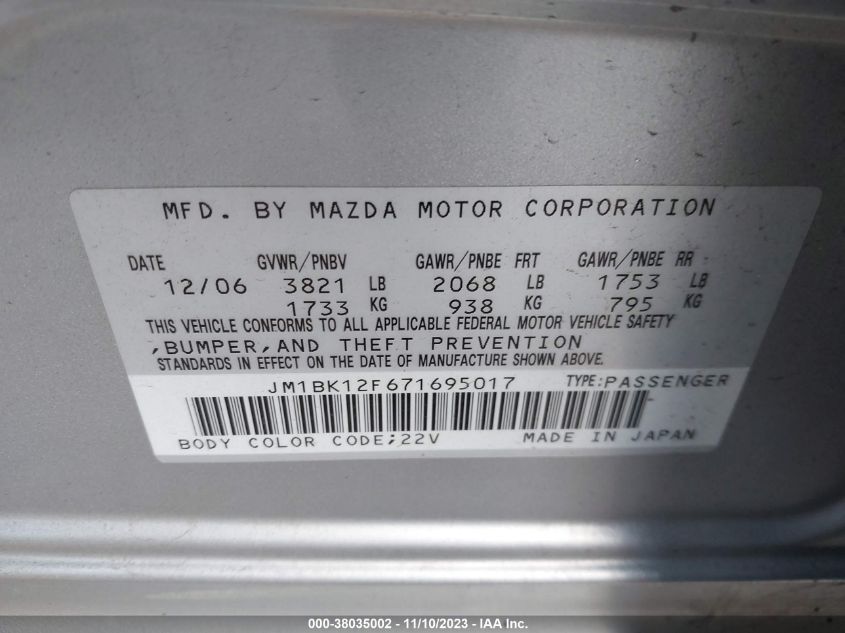 JM1BK12F671695017 2007 Mazda Mazda3 I