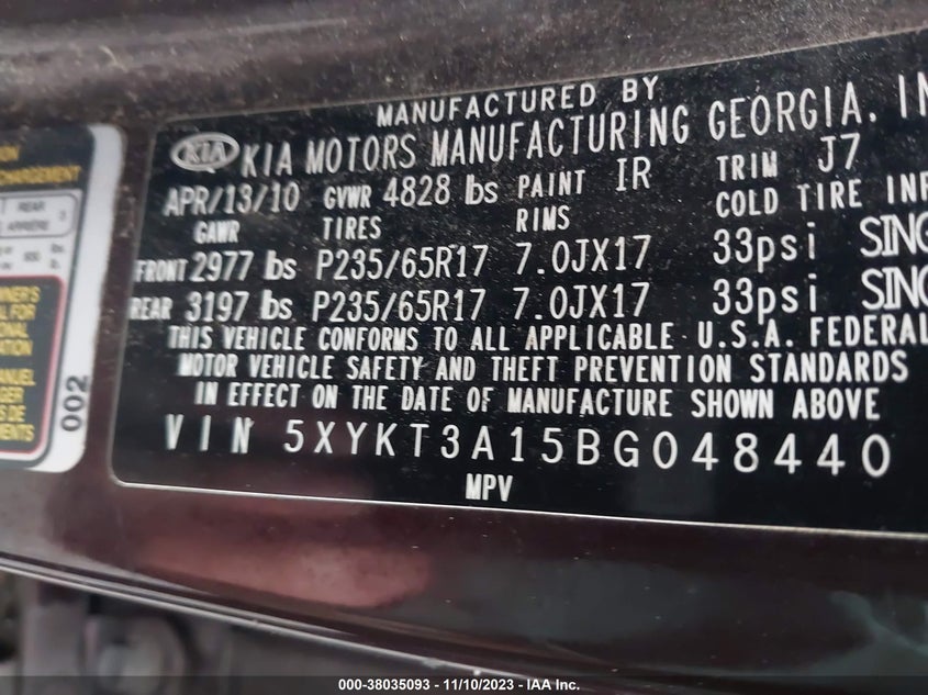 2011 Kia Sorento Lx VIN: 5XYKT3A15BG048440 Lot: 38035093