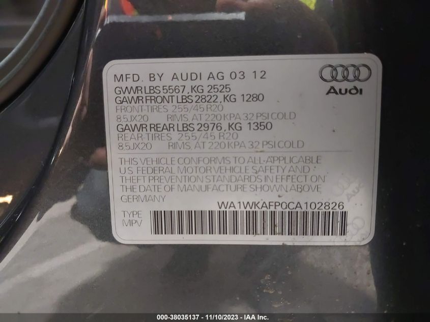 2012 Audi Q5 3.2L Prestige VIN: WA1WKAFP0CA102826 Lot: 38035137