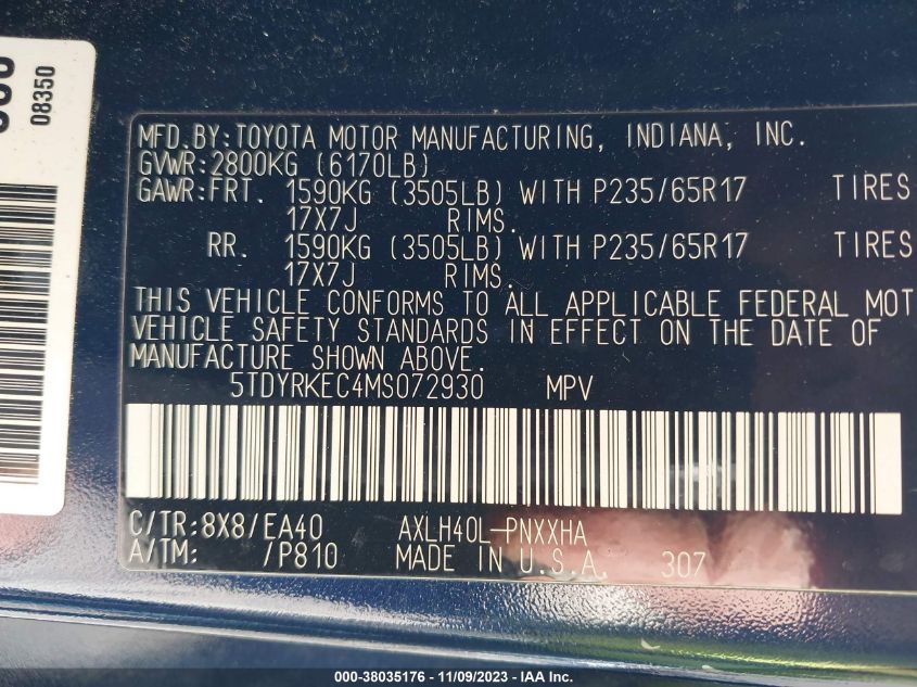 5TDYRKEC4MS072930 2021 Toyota Sienna Xle