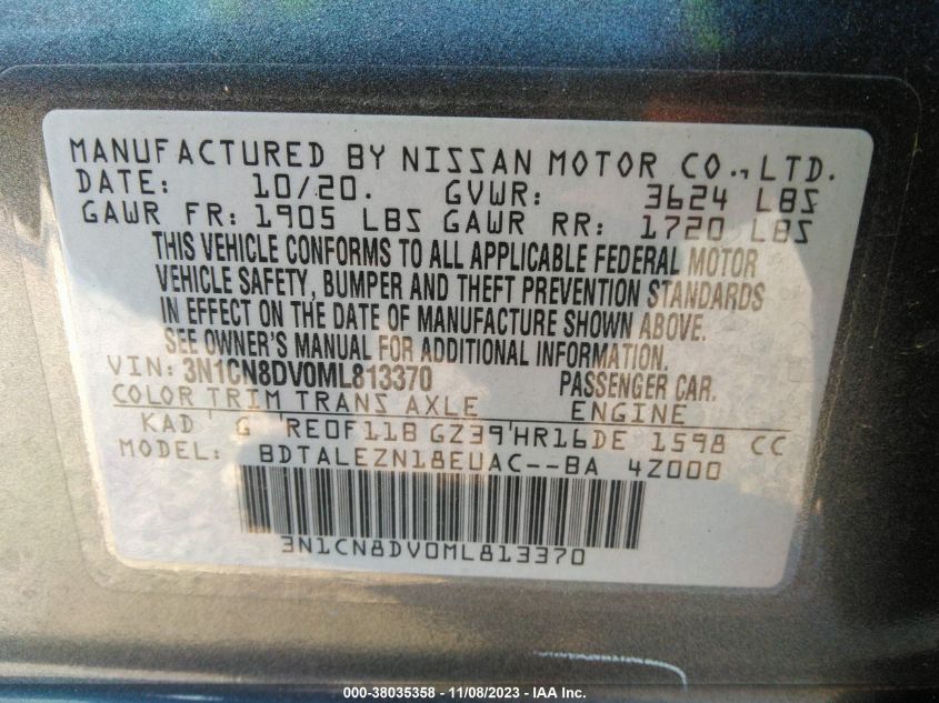 2021 Nissan Versa S Xtronic Cvt VIN: 3N1CN8DV0ML813370 Lot: 38035358