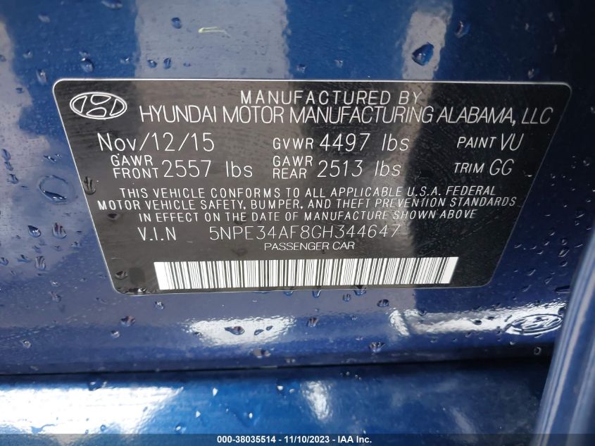 2016 Hyundai Sonata 2.4L Limited VIN: 5NPE34AF8GH344647 Lot: 38035514